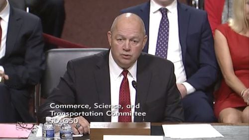 Steve Dickson at a Senate commerce committee hearing for confirmation of his nomination as FAA administrator.