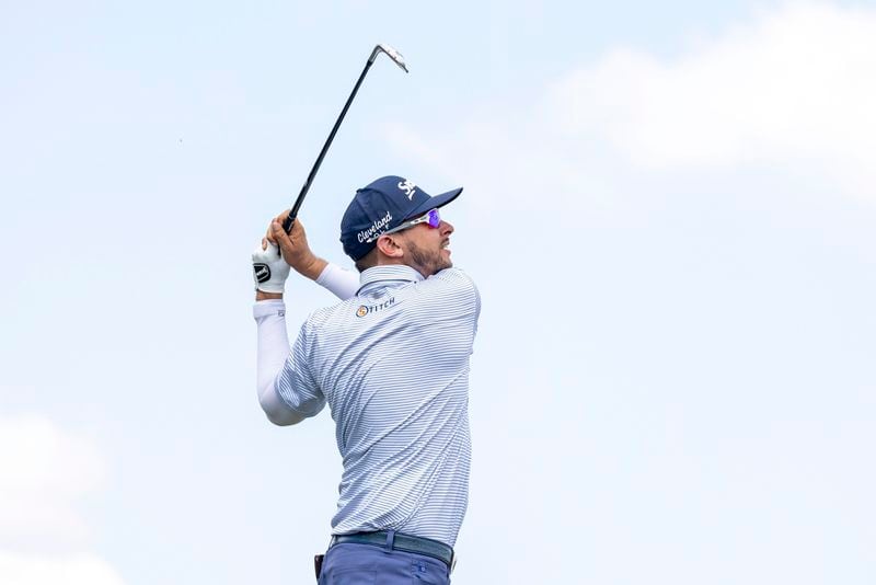 Legion XIII alternate John Catlin hits from the 11th tee during the semifinals of LIV Golf Team Championship Dallas at Maridoe Golf Club, Saturday, Sept. 21, 2024 in Carrollton, Texas. (LIV Golf via AP)