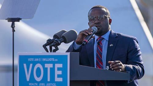 01/04/2021 — Atlanta, Georgia — Georgia Public Service Commission Democrat candidate Daniel Blackman makes remarks during a Georgia Democrat U.S. Senate campaign rally in Atlanta’s Peoplestown neighborhood, Monday, January 4, 2021. (Alyssa Pointer / Alyssa.Pointer@ajc.com)