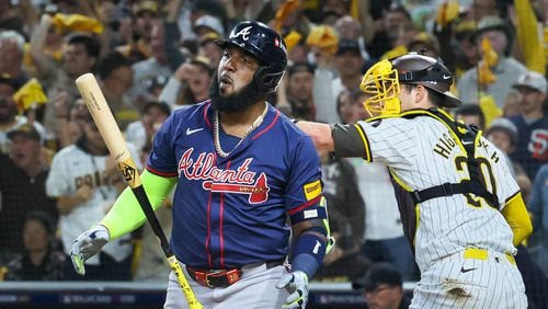 Atlanta Braves designated hitter Marcell Ozuna strikes out against the San Diego Padres and catcher Kyle Higashioka during the eighth inning of National League Division Series Wild Card Game One at Petco Park in San Diego on Tuesday, Oct. 1, 2024. The Braves fell 4-0.   (Jason Getz / Jason.Getz@ajc.com)