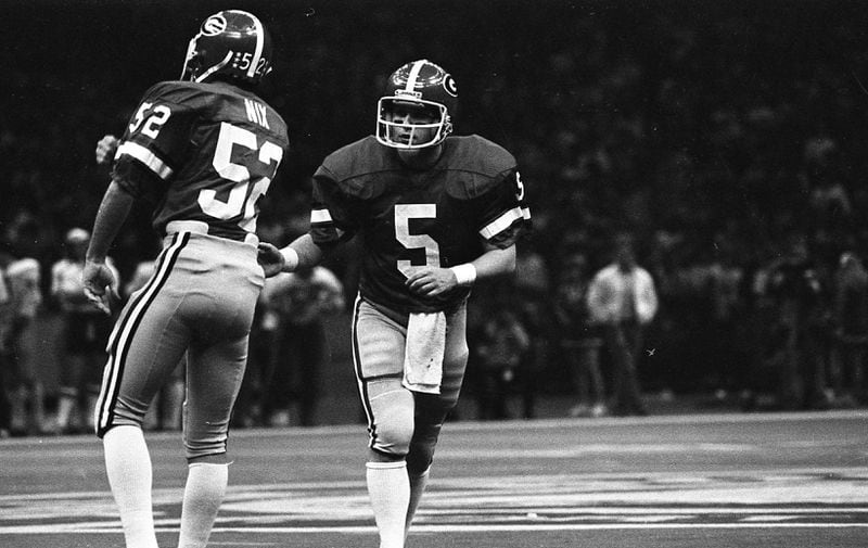 Georgia kicker Rex Robinson (5) in action against Notre Dame in the Sugar Bowl on Jan. 1, 1981. Georgia defeated Notre Dame 17-10 to win the 1980 national championship. (AJC file photo)