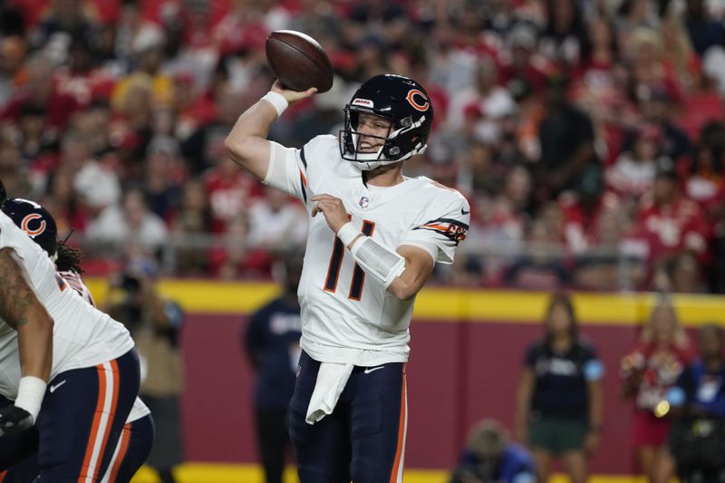 Chicago Bears quarterback Brett Rypien throws during the first half of an NFL preseason football game against the Kansas City Chiefs Thursday, Aug. 22, 2024, in Kansas City, Mo. (AP Photo/Ed Zurga)