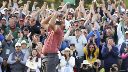 Jon Rahm celebrates winning the 2023 Masters Tournament at Augusta National Golf Club, Sunday, April 9 2023, in Augusta, GA.(Jason Getz / Jason.Getz@ajc.com)
