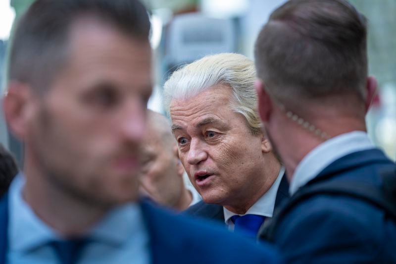 Anti-islam lawmaker Geert Wilders of the PVV, or Party for Freedom, is interviewed after casting his ballot for the European election in The Hague, Netherlands, Thursday, June 6, 2024. Voters in the European Union are set to elect lawmakers starting Thursday June 6th for the bloc's parliament. (AP Photo/Peter Dejong)