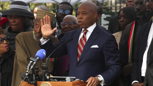 New York City Mayor Eric Adams speaks during a news conference outside Gracie Mansion, Thursday, Sept. 26, 2024, in New York. (AP Photo/Yuki Iwamura)