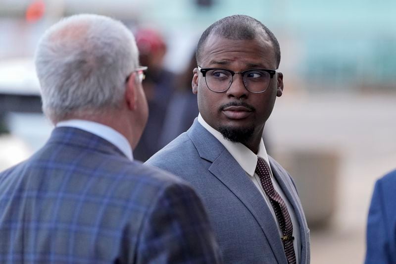 Former Memphis police officer Justin Smith arrives at the federal courthouse before the start of jury selection of the trial in the Tyre Nichols case Monday, Sept. 9, 2024, in Memphis. (AP Photo/George Walker IV)