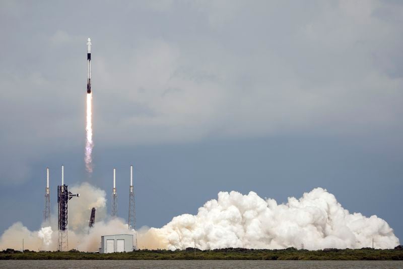 A SpaceX Falcon 9 rocket with a crew of two lifts off from launch pad 40 at the Cape Canaveral Space Force Station Saturday, Sept. 28, 2024 at Cape Canaveral, Fla. (AP Photo/John Raoux)