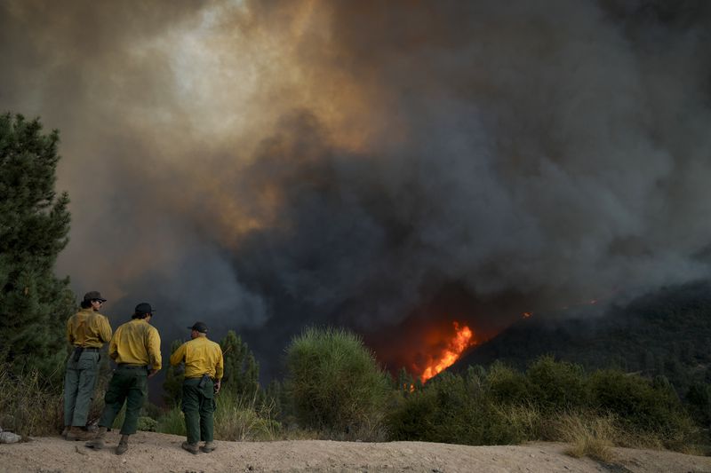 Fire crews monitor the Line Fire, Saturday, Sept. 7, 2024, in Running Springs, Calif. (AP Photo/Eric Thayer)