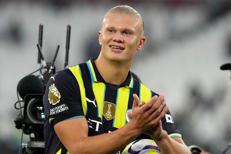 Manchester City's Erling Haaland reacts at the end of the English Premier League soccer match between West Ham United and Manchester City at the London Stadium in London, England, Saturday, Aug. 31, 2024. (AP Photo/Frank Augstein)