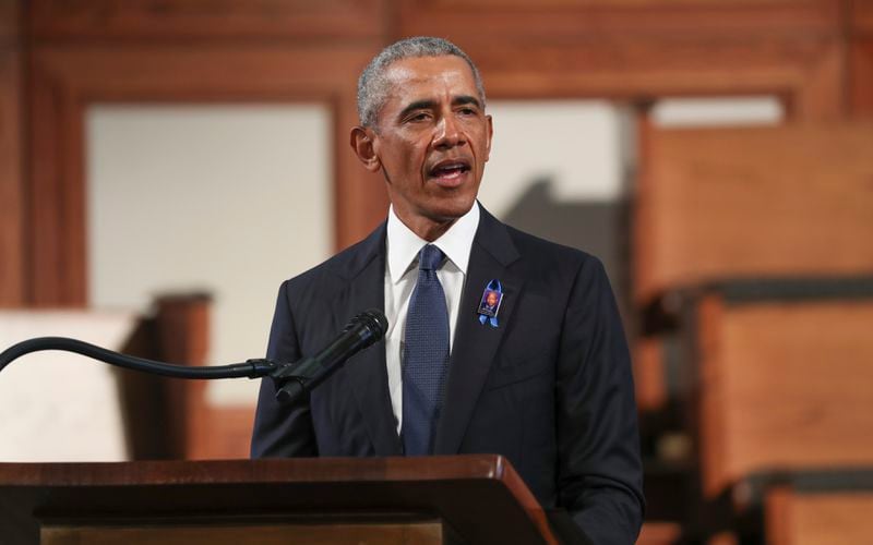 7/30/20 - Atlanta, GA -  Former President Barack Obama, addresses the service.  On the sixth day of the “Celebration of Life” for Rep. John Lewis, his funeral is  held at Ebenezer Baptist Church in Atlanta, with burial to follow.   Alyssa Pointer / alyssa.pointer@ajc.com