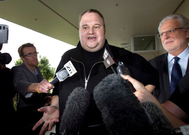 FILE - Kim Dotcom, the founder of the file-sharing website Megaupload, comments after he was granted bail and released on Feb. 22, 2012, in Auckland, New Zealand. (Brett Phibbs/New Zealand Herald via AP, File)