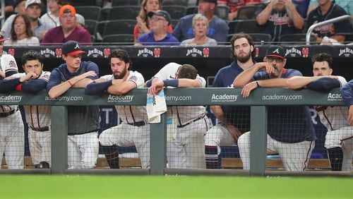 Braves dugout reacts in the ninth inning coming up one run short to fall 5-4 to the Colorado Rockies Tuesday, Sept 14, 2021, at Truist Park in Atlanta. (Curtis Compton / Curtis.Compton@ajc.com)