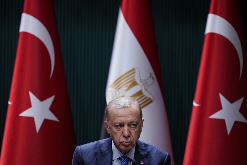 Turkish President Recep Tayyip Erdogan attends a joint bilateral signature agreements ceremony with Egyptian President Abdel Fattah el-Sissi at the Presidential palace in Ankara, Wednesday, Sept. 4, 2024. (AP Photo/Francisco Seco)