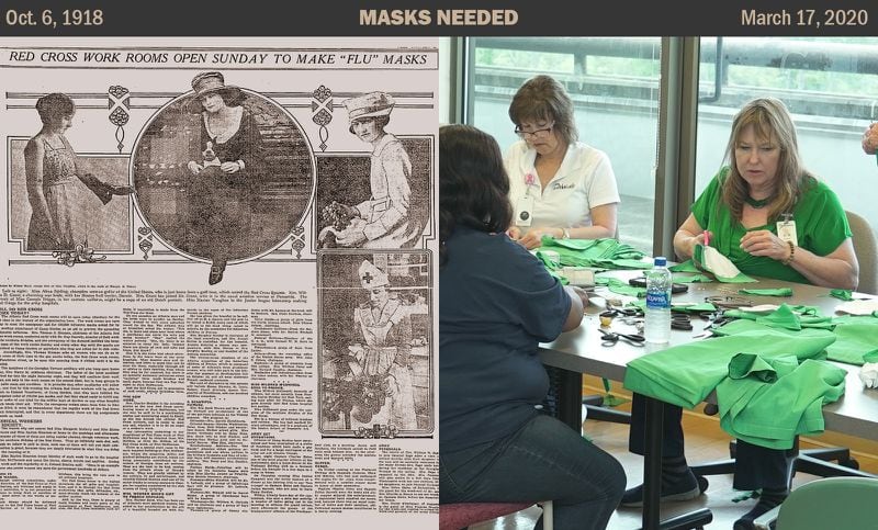 Masks were in short supply in 1918 just as they are today. On Oct. 4 of that year, The Atlanta Constitution issued a call for women to make 100,000 "influenza masks" for Camp Gordon. This page from Oct. 6 shows the progress made, with an assist from the Red Cross. In 2020, workers at Phoebe Putney Health System in Albany volunteered to sew medical masks on March 17. (Courtesy of Phoebe Putney H.S.)