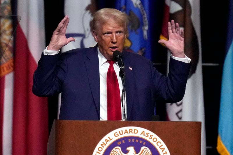 Republican presidential nominee former President Donald Trump speaks at the National Guard Association of the United States' 146th General Conference, Monday, Aug. 26, 2024, in Detroit. (AP Photo/Paul Sancya)