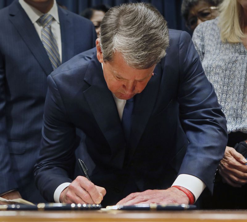 May 7, 2019 - Atlanta -  Surrounded by supporters of the bill, Gov. Brian Kemp signed HB 481, the "heartbeat bill", on Tuesday, setting the stage for a legal battle as the state attempts to outlaw most abortions after about six weeks of pregnancy.  The bill, sponsored by Rep. Ed Setlzer, R-Acworth, and carried in the Senate by Sen. Renee Unterman, R - Buford, outlaws most abortions once a doctor can detect a fetus' heartbeat - usually around six weeks of pregnancy.   Bob Andres / bandres@ajc.com