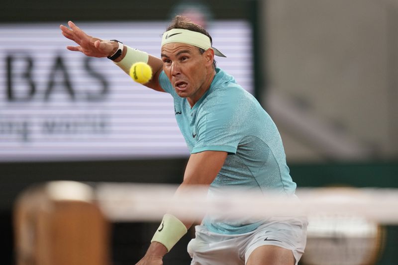 Spain's Rafael Nadal plays a shot against Germany's Alexander Zverev during their first round match of the French Open tennis tournament at the Roland Garros stadium in Paris, Monday, May 27, 2024. (AP Photo/Thibault Camus)