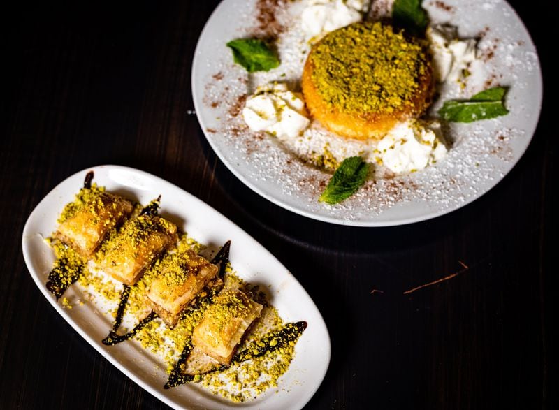 Desserts at Pharaohs Palace include baklava (left) and kanafeh, which is made to order. CONTRIBUTED BY HENRI HOLLIS