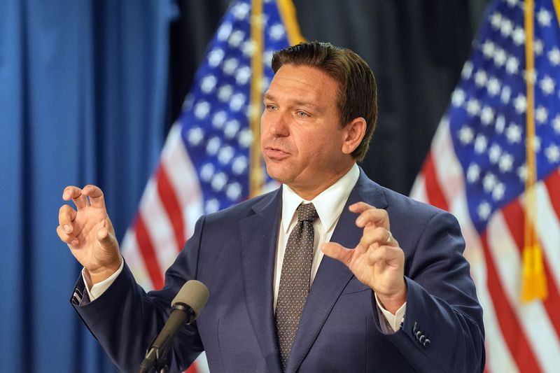 Florida Gov. Ron DeSantis delivers remarks and answers questions at a news conference Monday, Sept. 16, 2024, in Orlando, Fla. (AP Photo/John Raoux)