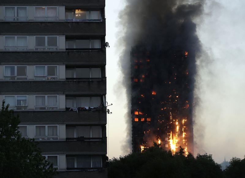 FILE - In this Wednesday, June 14, 2017 file photo smoke and flames rise from the Grenfell Tower high-rise building in west London. (AP Photo/Matt Dunham, File)