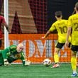 Brad Guzan is unable to stop a goal in the first half of the Atlanta United game against Columbus Crew at Mercedes Benz Stadium in Atlanta, GA on July 20, 2024. (Jamie Spaar for the Atlanta Journal Constitution)