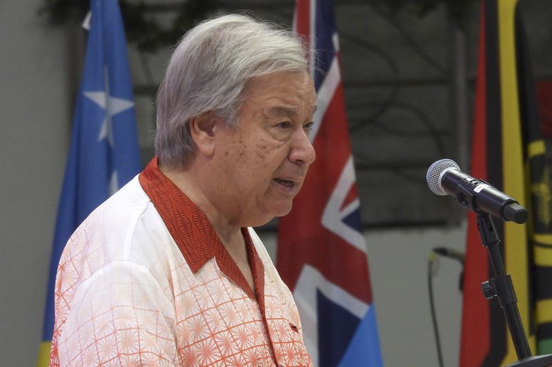 United Nations Secretary-General Antonio Guterres speaks at the opening of the annual Pacific Islands Forum leaders meeting in Nuku'alofa, Tonga, Monday, Aug. 26, 2024. (AP Photo/Charlotte Graham-McLay)