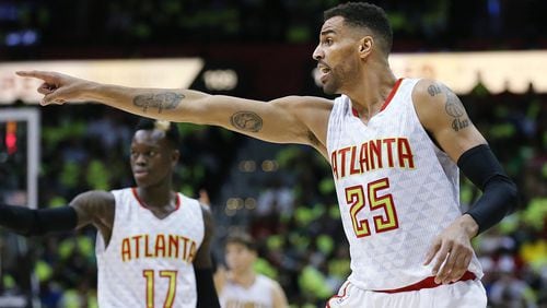 Atlanta Hawks Thabo Sefolosha makes a point against the Celtics in game one of their NBA Eastern Conference first round playoff game at Philips Arena on Saturday, April 16, 2016.      Curtis Compton / ccompton@ajc.com