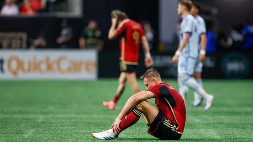 Atlanta United defender Stian Gregersen sits on the ground at the end of the game after a loss against CF Montreal, 2-1, at Mercedes-Benz Stadium on Wednesday, Oct. 2, 2024, in Atlanta.
(Miguel Martinez/ AJC)