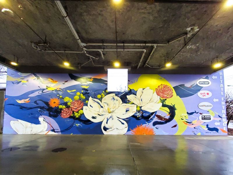 One of two large murals painted by Christina Kwan inside the parking garage of the George Apartments on Memorial Drive. Courtesy of Arthur Rudick