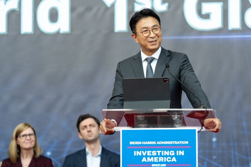 SKC CEO Won Cheol Park spoke Friday afternoon, May 24, 2024, at Absolics Inc in Covington. This meeting comes after $75 million dollars of funding was approved by The Commerce Department through the CHIPS and Science act. (Ben Hendren for the Atlanta Journal-Constitution)