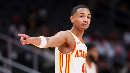 Atlanta Hawks guard Kobe Bufkin communicates with teammates during the second half against the Cleveland Cavaliers of a NBA preseason game at State Farm Arena, Tuesday, Oct. 10, 2023, in Atlanta. The Hawks won 108-107. (Jason Getz / Jason.Getz@ajc.com)