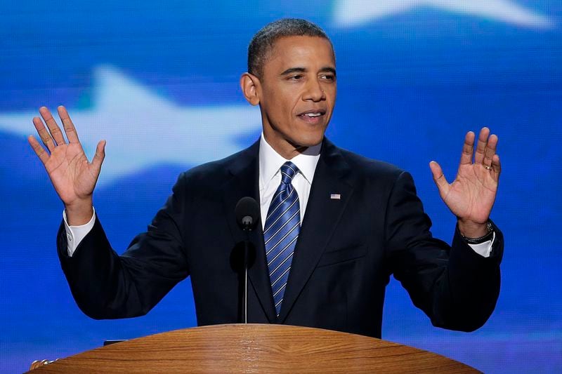 FILE - President Barack Obama addresses the Democratic National Convention in Charlotte, N.C., Sept. 6, 2012. (AP Photo/J. Scott Applewhite, File)