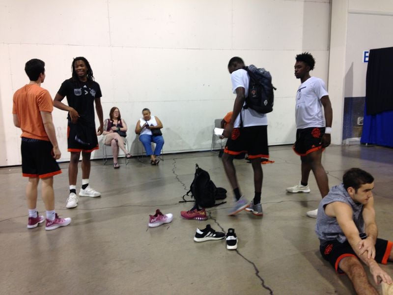 Game Elite players wait before their AAU game last Friday night at the Cashman Center in Las Vegas.