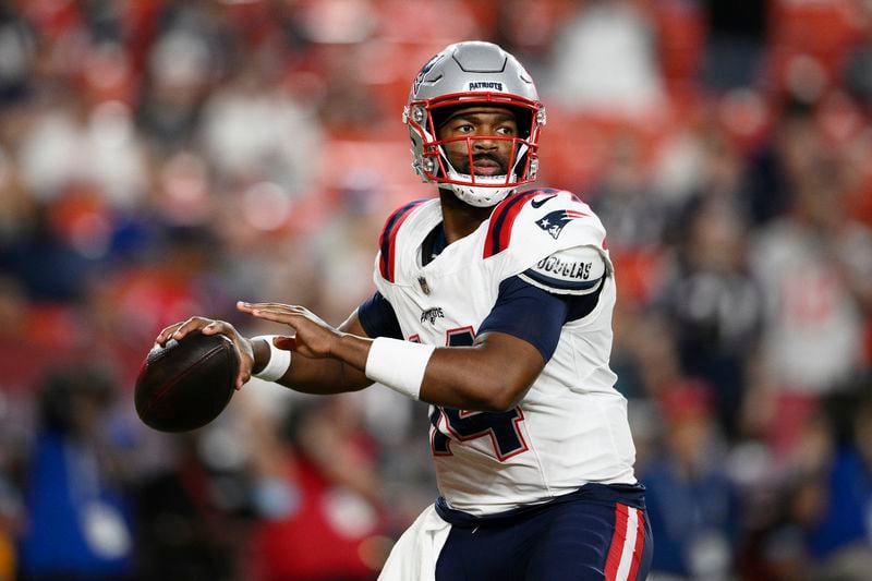 New England Patriots quarterback Jacoby Brissett passes against the Washington Commanders during the first half of a preseason NFL football game, Sunday, Aug. 25, 2024, in Landover, Md. (AP Photo/Nick Wass)