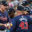 Atlanta Braves pitcher AJ Smith-Shawver is relieved during the second inning of National League Division Series Wild Card Game One against the San Diego Padres at Petco Park in San Diego on Tuesday, Oct. 1, 2024.   (Jason Getz / Jason.Getz@ajc.com)