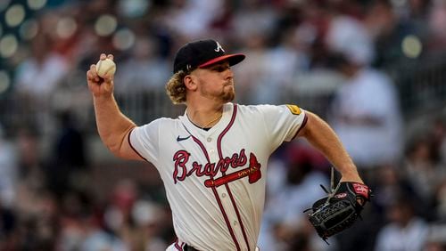 Atlanta Braves pitcher Spencer Schwellenbach (56) deloivers against the Philadelphia Phillies in the second inning of a baseball game, Thursday, Aug. 22, 2024, in Atlanta. (AP Photo/Mike Stewart)