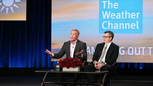 David Clark, President, The Weather Channel, and weather anchor and managing editor Sam Champion, speak onstage during the 'New Morning Show on The Weather Channel' ' panel discussion at The Weather Channel portion of the 2014 Winter Television Critics Association tour at the Langham Hotel on January 11, 2014 in Pasadena, California.