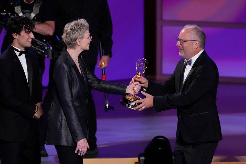 Ezra Frech, from left, and Jane Lynch present the award for outstanding directing for a drama series to Frederick E.O. Toye for "Shogun" during the 76th Primetime Emmy Awards on Sunday, Sept. 15, 2024, at the Peacock Theater in Los Angeles. (AP Photo/Chris Pizzello)