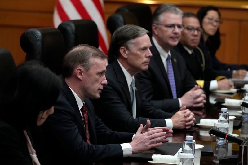 White House national security adviser Jake Sullivan, second from left speaks near U.S. Ambassador to China Nicholas Burns, third from left, during a meeting with Zhang Youxia, Vice Chairman of the CPC Central Military Commission, unseen, at the Bayi building in Beijing, Thursday, Aug. 29, 2024. (AP Photo/Ng Han Guan, Pool)