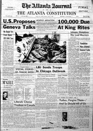 Front pages from Atlanta newspapers in the days after MLK's death