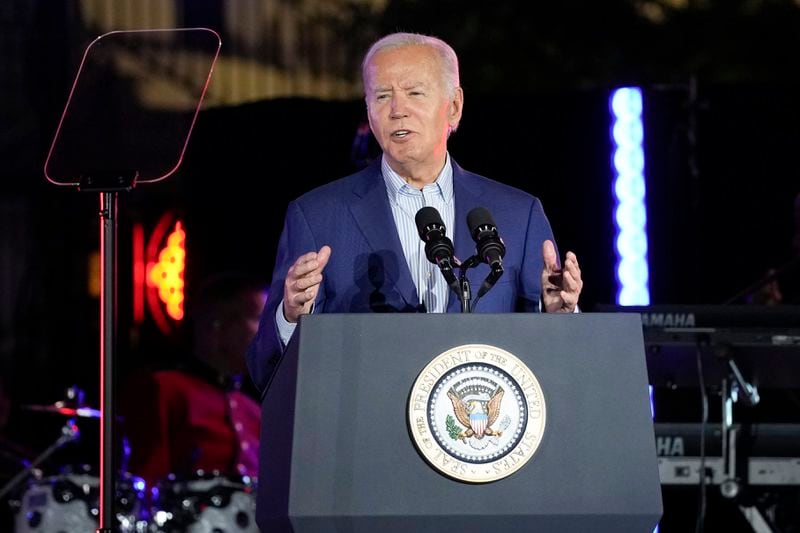 President Joe Biden speaks during a Juneteenth concert on the South Lawn of the White House in Washington on Monday.