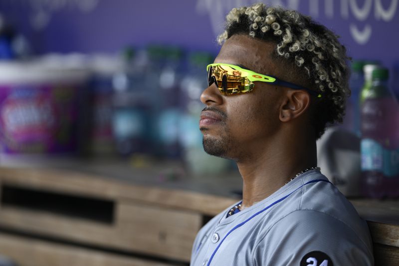 New York Mets shortstop Francisco Lindor looks on from the dugout during the second inning of a baseball game against the Washington Nationals, Thursday, July 4, 2024, in Washington. (AP Photo/Nick Wass)