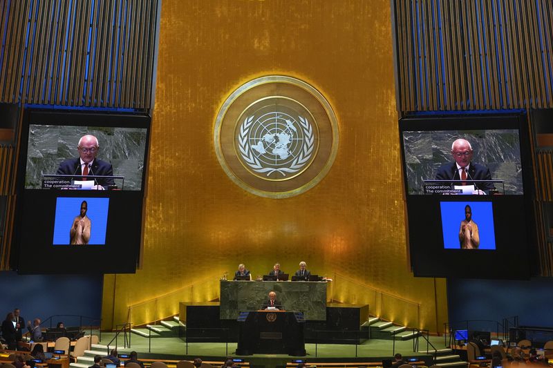 Bulgaria's Prime Minister Dimitar Glavchev speaks to the United Nations General Assembly during Summit of the Future, Sunday, Sept. 22, 2024 at U.N. headquarters. (AP Photo/Frank Franklin II)