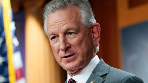 FILE - Sen. Tommy Tuberville, R-Ala., listens to a question during a news conference, March 30, 2022, in Washington. Tuberville is blocking the quick promotion of an aide to Defense Secretary Lloyd Austin. Tuberville is blocking the nomination of Lt. Gen Ron Clark over concerns that he and other senior staff did not quickly notify President Joe Biden when Austin was hospitalized with complications from cancer treatment earlier this year. (AP Photo/Mariam Zuhaib, File)