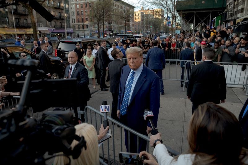 
                        FILE — Former President Donald Trump, the presumpting Republican nominee for president, conducts a brief campaign event in the Harlem neighborhood of Manhattan on April 16, 2024. Trump criticized the Manhattan district attorney, Alvin Bragg, at the event. (Anna Watts/The New York Times)
                      