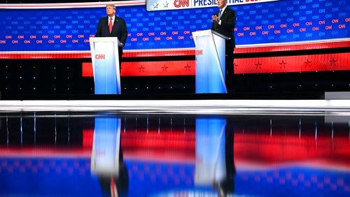 Former President and Republican presidential candidate Donald Trump, left, and President Joe Biden at the June 27 presidential debate in Atlanta. (Andrew Caballero-Reynolds/AFP via Getty Images/TNS)