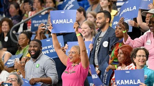 Supporters cheer at a rally for Vice President Kamala Harris at the Georgia State University’s convocation center in Atlanta on Tuesday, July 30, 2024.  It is her first campaign event in Georgia since she became the presumptive Democratic nominee. (Hyosub Shin / Hyosub.Shin / ajc.com)