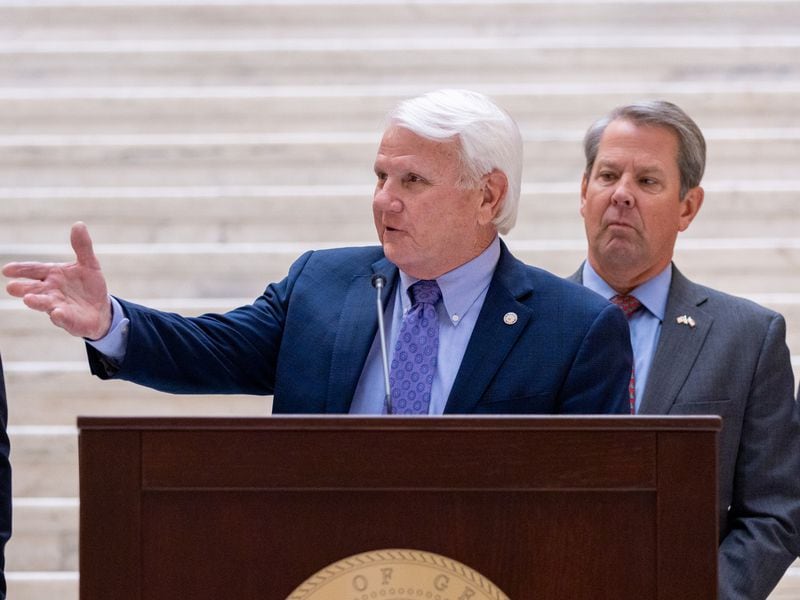 Georgia House Speaker Jon Burns (left) wants to move forward on gun safety proposals. Gov. Brian Kemp (right) said it is too soon to debate the policies. 