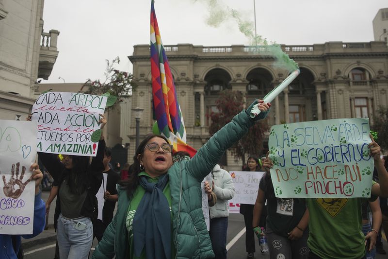 Demonstrators march calling on the government to take stronger action to control fires in the country's Amazon region, in Lima, Peru, Wednesday, Sept. 18, 2024. (AP Photo/Guadalupe Pardo)