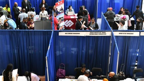 Job seekers meet with recruiters during 2023 ATL Airport Career Fair at the domestic terminal atrium of Hartsfield-Jackson Atlanta International Airport, Wednesday, March 8, 2023, in Atlanta, Ga. (Hyosub Shin / Hyosub.Shin@ajc.com)